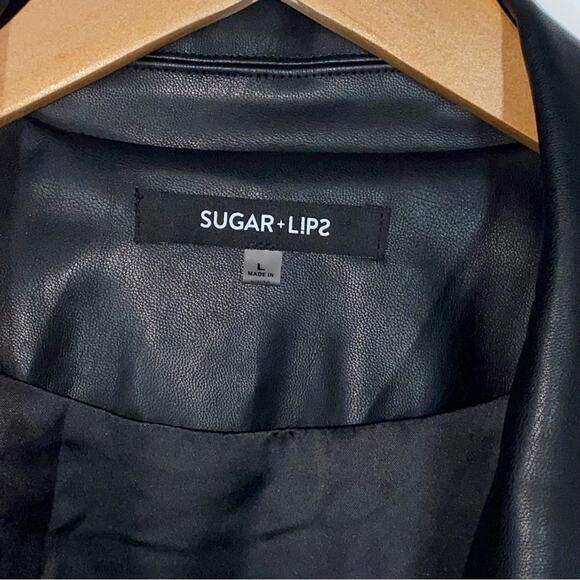 L SUGAR+LIPS Black Faux Leather Floral Embroidered Studded Moto Zipper Jacket - Picture 7 of 12